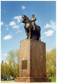 A view of the memorial on the Midway to Thomas Masaryk by sculptor Albin Polasek, represented as a legendary Knight of Blanik Mountain Masaryk EquChi1.jpg