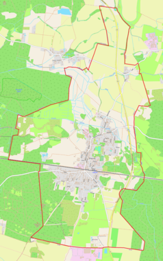 Mapa konturowa Miękini, w centrum znajduje się punkt z opisem „Kościół Narodzenia Najświętszej Maryi Panny”