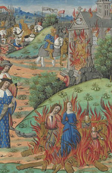 Death of Chramn, Guillaume Cretin, Chroniques Francaises. After 1515, Rouen, France. Bibliotheque Nationale de France. Mort de Chramn.jpg