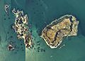 六連島（下関市）と馬島（福岡県北九州市小倉北区）付近の空中写真。（1974年撮影）
