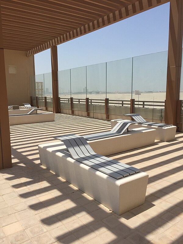 Public space on the NYUAD Highline with views of the Persian Gulf