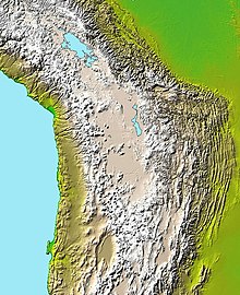 The Altiplano and extent of Lake Tauca, clearly visible in the topography of the central Andes