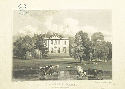 Langley Park, Buckinghamshire. Designed by Stiff Leadbetter, 1755-60. Engraving from John Preston Neale's Views of the Seats of Noblemen and Gentlemen, in England, Wales, Scotland, and Ireland (1818). Neale(1818) p1.114 - Langley Park, Buckinghamshire.jpg