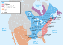 The 1750 colonial possessions of Britain (in pink and purple), France (in blue), and Spain (in orange) in present-day Canada and the United States Nouvelle-France map-en.svg