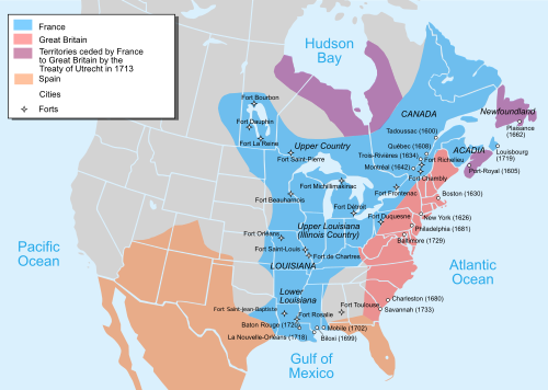 The 1750 possessions of Britain (pink and purple), France (blue), and Spain (orange) in contrast to the borders of contemporary Canada and the United States.
