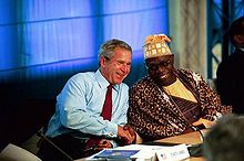 President Bush and President Obasanjo during a G8 Summit working session in Evian, France, 2003. Obasanjo with Bush.jpg