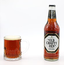 A Glass and bottle of Old Crafty Hen, the super premium version of Speckled Hen Old crafty hen glass and bottle.JPG