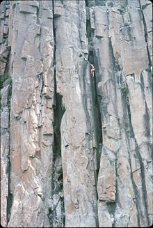 Bryan Kennedy solos the "Kennedy variant" direct start to Battlements Organ Pipes Mount Wellington, Tasmania, 1977 Organ Pipes, Mt Wellington - Battlements, Bryan Kennedy.jpg
