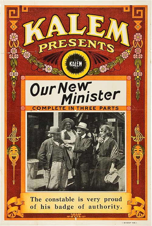 Poster for the American drama film Our New Minister (1913) with Joseph Conyers, Tom Moore, and Alice Joyce.