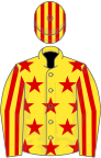 Yellow, red stars, striped sleeves and cap