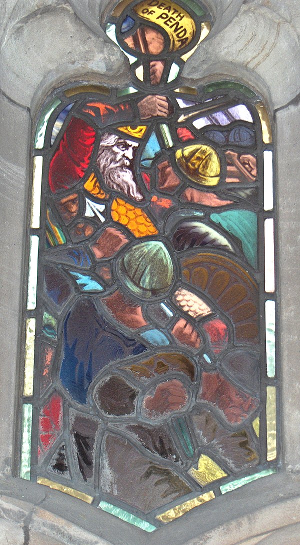 Stained glass window from the cloister of Worcester Cathedral showing the death of Penda of Mercia