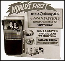 Actual store easel display of a 1959 Philco Safari Transistorized portable TV Philco Safari TV advertisement sign-1959.jpg