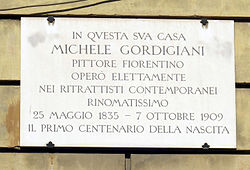 Piazzale donatello 24-25-26, edifici per a estudis d'artistes, placa de michele gordigiani.JPG