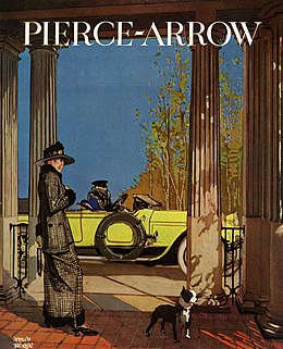 1919 Pierce-Arrow advertisement; advertisements for the cars in early years were understated, artistic and did not discuss details about the cars. Pierce-ArrowColorAd.jpg