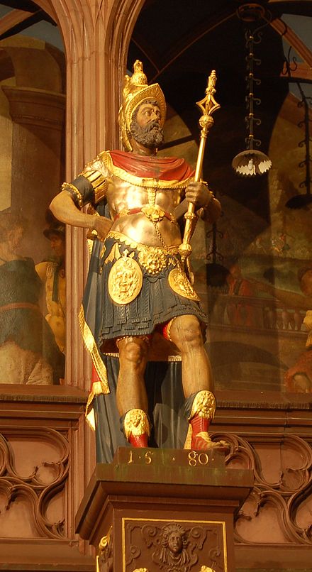 Statue of Lucius Munatius Plancus, in the Rathaus of Basel. Plancus founded the colony of Raurica, now Basel, in 43 BC. The statue, depicting Plancus in the Renaissance version of Roman armor, is dated 1580. Plancus-Statue.jpg