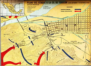 Plano da Batalha de Torreón com a direção de ataque dos revolucionários (setas vermelhas) e as posições das tropas federais (linhas azuis)