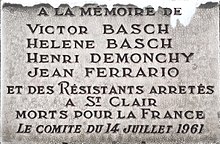 Plaque hommage à Victor et Hélène Basch au 1, Grande Rue de Saint-Clair (Caluire-et-Cuire).JPG