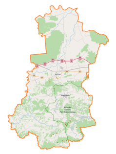 Mapa konturowa powiatu bocheńskiego, na dole nieco na prawo znajduje się punkt z opisem „Kamienie Brodzińskiego”