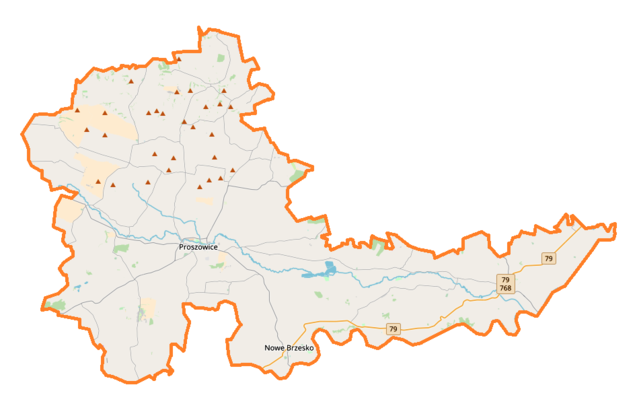 Mapa konturowa powiatu proszowickiego, na dole znajduje się punkt z opisem „Nowe Brzesko”