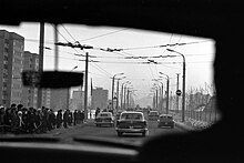 The Soviet delegation leads its American counterpart on a tour of Vladivostok by motorcade. President Ford tours Vladivostok, 1974 - NARA - 7161934.jpg