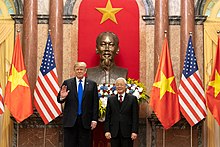 U.S. president Donald Trump and Vietnamese president and general secretary Nguyen Phu Trong in front of a statue of Ho Chi Minh in Hanoi, 27 February 2019 President Trump's Trip to Vietnam (33352865778).jpg