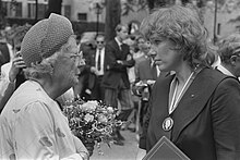 Princess Juliana of the Netherlands and Liv Ullmann at the Four Freedoms Award ceremony in Middelburg on 23 June 1984