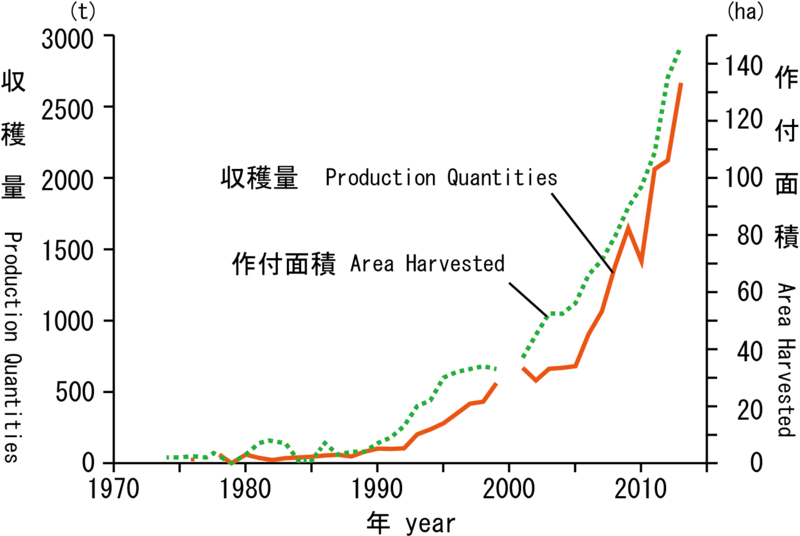 File:Production Quantity & Area Harvested of Kara Mandarins in Japan 1974-2013.png