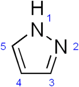 Pyrazool, met nummering van de atomen