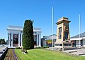 English: The former A&P building (now an Indian restaurant) and the war memorial at Rangiora, New Zealand