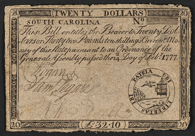 A twenty-dollar banknote issued by South Carolina in 1777