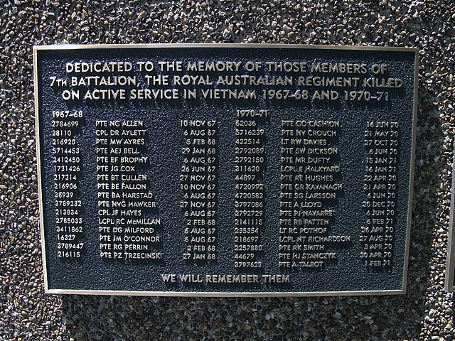 A memorial plaque for members of 7 RAR killed in Vietnam 1967–68 and 1970–71. Shown at Regimental Square, Sydney, New South Wales.