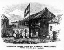 President Walker's house in Granada, Nicaragua. On October 12, 1856, during the siege of Granada, Guatemalan officer José Víctor Zavala ran under heavy fire to capture Walker's flag and bring it back to the Central American coalition army trenches shouting Filibuster bullets don't kill!. Zavala survived this adventure unscathed.[38]