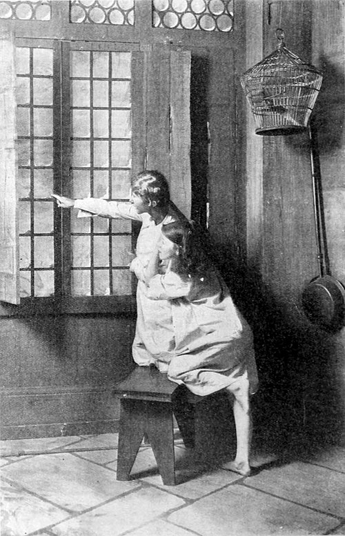 Tyltyl (Gladys Hulette) and Mytyl (Irene Brown) watch the Christmas party across the street in the Broadway production of The Blue Bird (1910)