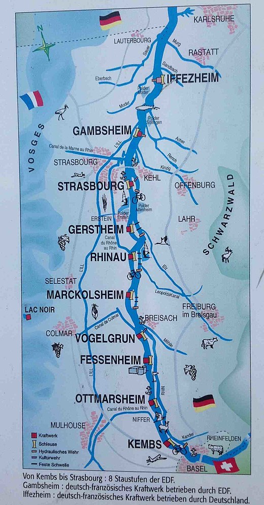 Kaart van sluizen en waterkrachtcentrales tussen Kembs en Iffezheim