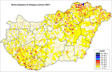 Roma people in Hungary by municipalities. Roma (Gypsies) in Hungary (census 2001).png