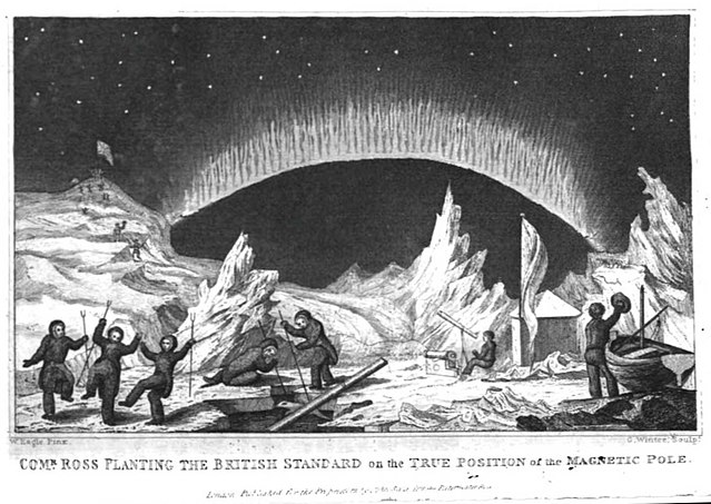 Illustration of the discovery of the North Magnetic Pole on the Boothia Peninsula in 1831, from Robert Huish's 1835 book.
