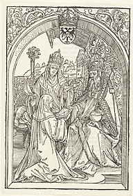 Roswitha van Gandersheim biedt keizer Otto I een exemplaar van haar boek aan, RP-P-1921-2147.jpg
