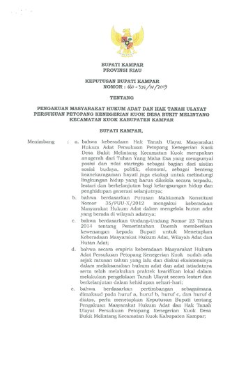 Surat Keputusan Bupati Kampar Nomor 660-325/IV/2019 tentang Pengakuan Masyarakat Hukum Adat Hak Tanah Ulayat Persukuan Petopang Kenegerian Kouk Desa Bukit Melintang Kecamatan Kuok Kabupaten Kampar