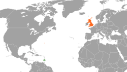 Mapa označující umístění Svatého Vincence a Grenadin a Velké Británie