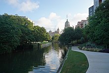 King William extension of the Downtown section, looking north towards the Civic Center District. Behind the camera would be Cesar Chavez Boulevard. San Antonio River Walk July 2017 61.jpg