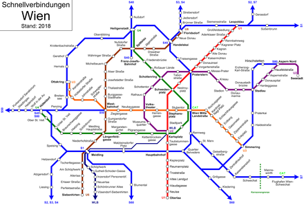 Rail lines inside Vienna (U-Bahn, S-Bahn, Lokalbahn and local trains)