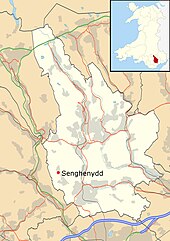 Map of Wales, showing the position of Senghenydd toward the south of the country.