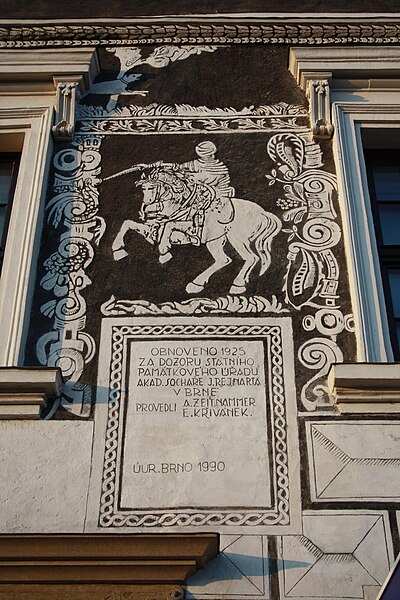 File:Sgraffitos on wall of Černý dům in Třebíč, Třebíč District.jpg