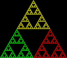A Sierpinski triangle based on three smaller copies of a Sierpinski triangle Sierpinski triangle tiling.gif