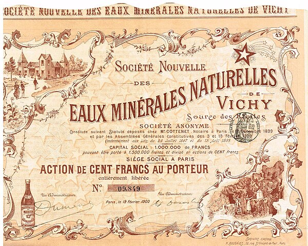 Share of the Soc. Nouvelle des Eaux Minérales Naturelles de Vichy, issued 19 February 1900