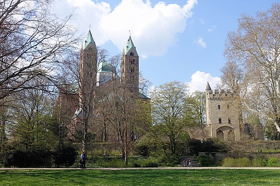 Cathedral garden in Speyer with the "pagan tower" on the right
