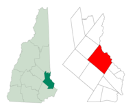ニューハンプシャー州におけるストラッフォード郡の位置（左図）と同郡におけるロチェスター市の位置の位置図