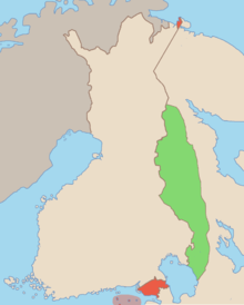 In rosso: area della contemporanea Finlandia che sarebbe stata ceduta ad altri territori sovietici. In verde: altri territori sovietici che sarebbero stati incorporati alla repubblica
