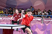 Deutsch: Tischtennis bei den Olympischen Jugendspielen 2018; Tag 9, 15. Oktober 2018; Mixed, Finale, Mixed-Doppel – Tomokazu Harimoto (JPN) Vs Wang Chuqin (CHN) 3:1 English: Table tennis at the 2018 Summer Youth Olympics at 15 October 2018 – Mixed Final, Mixed-Double – Tomokazu Harimoto (JPN) Vs Wang Chuqin (CHN) 3:1