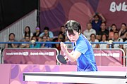 Deutsch: Tischtennis bei den Olympischen Jugendspielen 2018; Tag 9, 15. Oktober 2018; Mixed, Finale, Mixed-Doppel – Miu Hirano (JPN) gegen Sun Yingsha (CHN) 2:3 English: Table tennis at the 2018 Summer Youth Olympics at 15 October 2018 – Mixed Final, Mixed-Double – Miu Hirano (JPN) Vs Sun Yingsha (CHN) 2:3